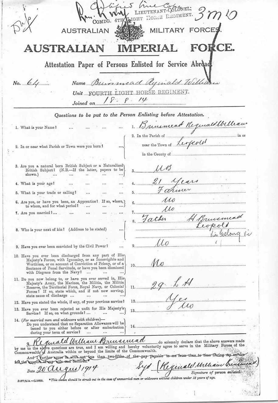 REg Brinsmead's Enlistment Record
