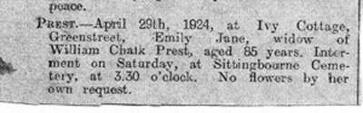 Death Notice Emily Jane Prest