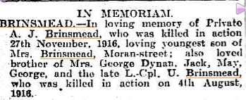 Albert James Brinsmead memorial notice