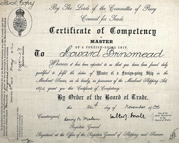 Howard Brinsmead's Master Mariner Certificate