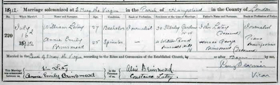 Anne Brinsmead and William Latey's
     marriage certificate