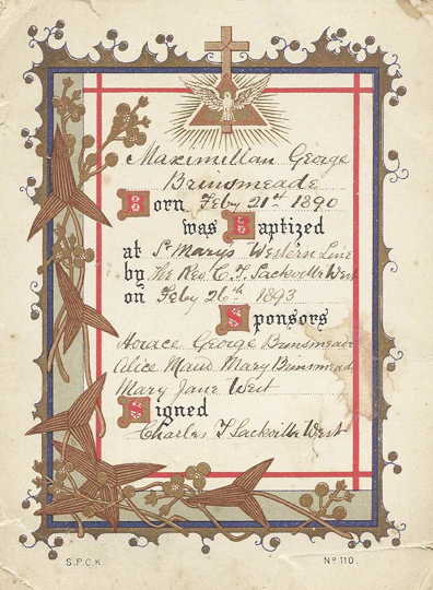 Max Brinsmead's Baptism Card