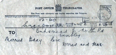 Telegram announcing Max and Doris's Wedding