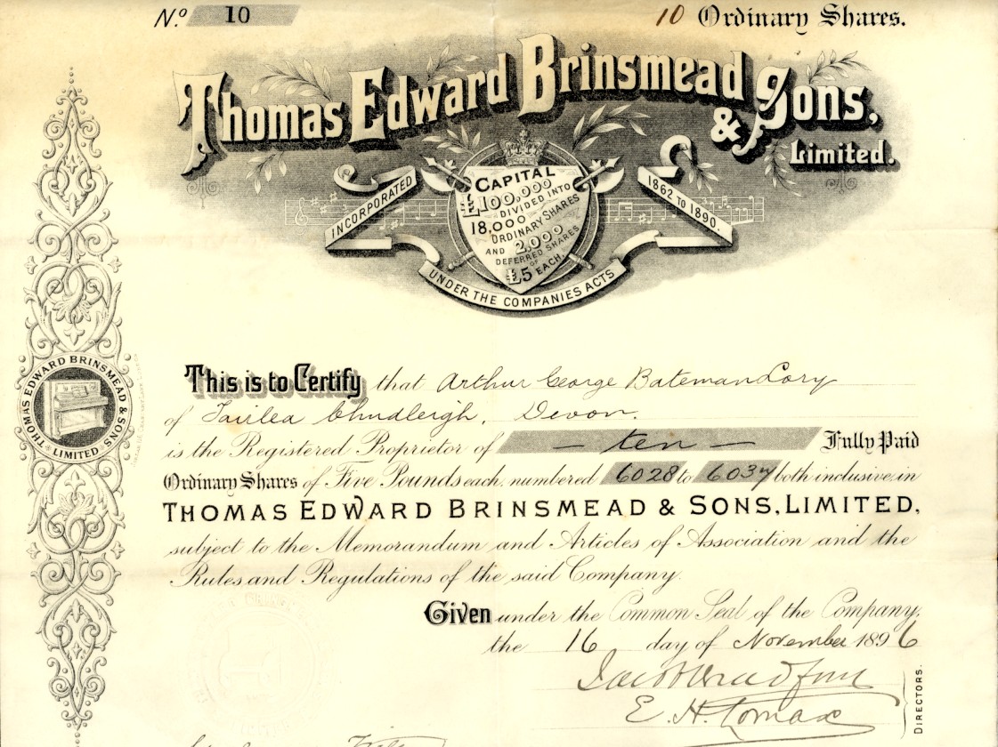 Share Certificate - T H Brinsmead and Sons Ltd.
