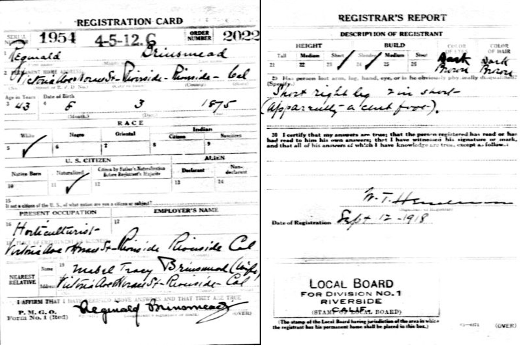 Reginald's WWI draft registration card