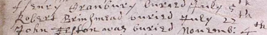 Robert Brinsmead's burial in 1645