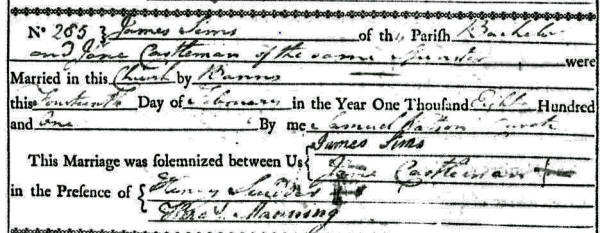 James Sims and Jane Castleman's marriage certificate